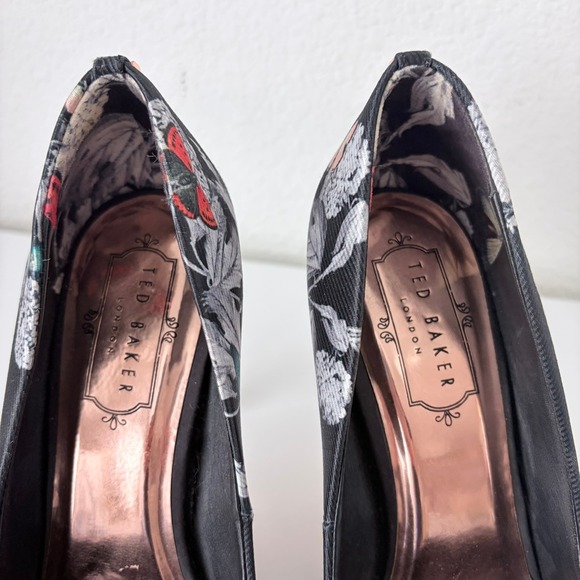 Ted Baker Kawaap Floral Print Stiletto Heels Black Rose Gold Butterfly Sz 7 - Picture 3 of 7